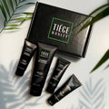 Tiege Hanley products on a bathroom counter